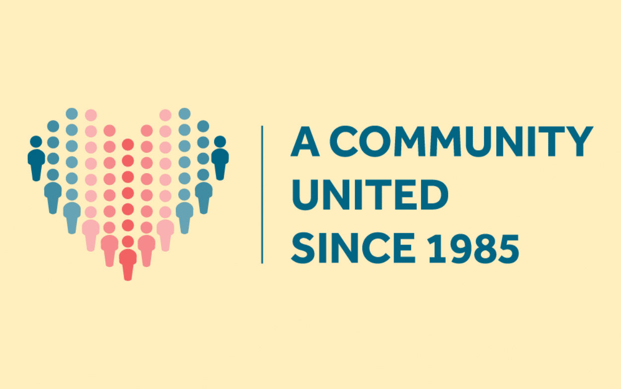 Heart-shaped figures with "A Community United Since 1985" on a beige background.